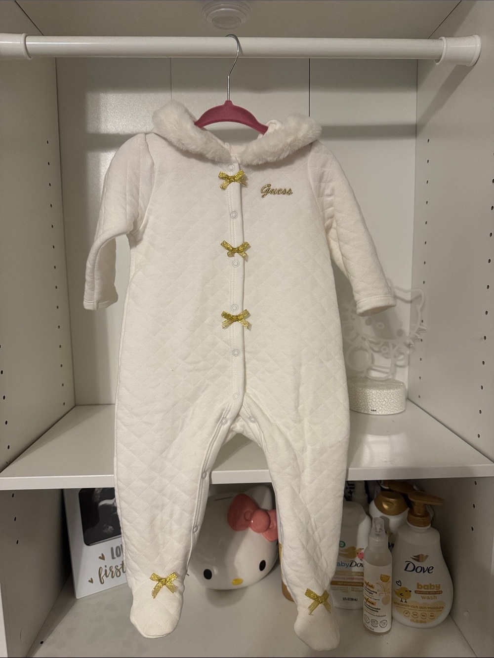 Guess Cream Quilted Footie with Faux-Fur Collar and Gold Bows